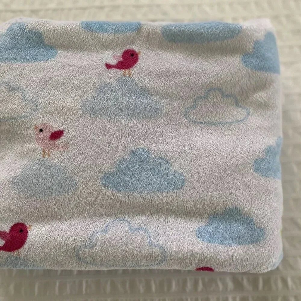 Circo White Clouds Soft‎ Fleece Blue Sherpa Back Baby Blanket Pink Green Birds